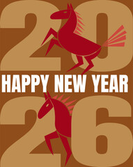 Stylized poster or greeting card with horse. Minimalist symbol of 2026 Chinese New Year celebration. Year of the horse. Vector illustration