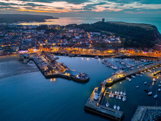 Hi Quality Aerial Image of Scarborough Marina and Castle at Sunset, Yorkshire, United Kingdom. 25th...