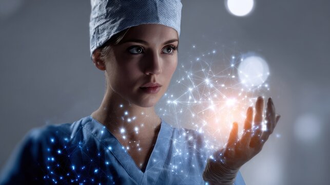 A female doctor in blue scrubs holds glowing, interconnected nodes of data with her hand. The concept conveys the idea that technology is playing an increasingly important role.