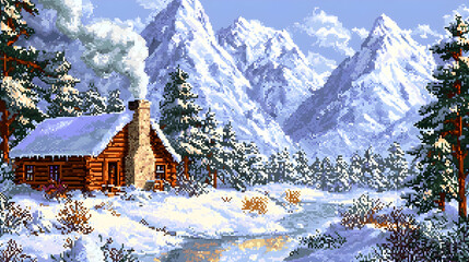 Snowy cabin nestled in a mountain valley, surrounded by snow-covered pines and peaks.  A gentle stream flows nearby, and smoke rises from the cabin's chimney
