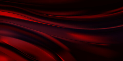 Realistic texture of silk background. Vector 3D texture of silk natural fabric with smooth pleats, red, graceful, dark. EPS 10