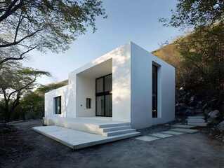 A modern minimalist white house with clean lines stands elegantly in a natural, quiet, wooded setting.