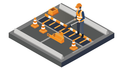 Isometric view of road work with cones barriers and construction worker painting the road surface stripes