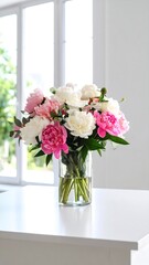 Bouquet of pink and white peonies in a vase