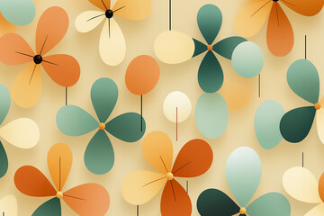 Playful abstract floral forms with soft, rounded petals in orange, teal, and cream dance across a beige background, evoking modern retro charm.