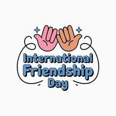 Pink and orange hands reaching up with blue text International Friendship Day vector