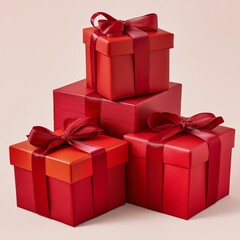A collection of beautifully wrapped red gift boxes tied with ribbons, perfect for celebrations and holidays.
