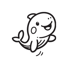 An adorable line drawing of a baby orca whale with a big smile and a playful pose. 