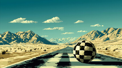 Checkered ball on a desert road stretches into a mountainous vista.  Pixelated style landscape