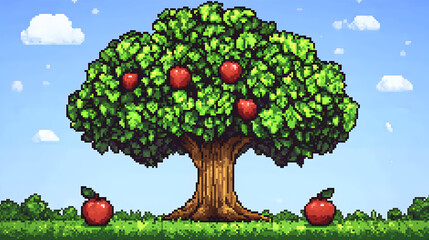 Pixel art of a large tree with red apples. Lush green foliage, light blue sky, and puffy white clouds. Two apples on the ground beneath the tree