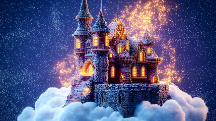 Magical castle, nestled on fluffy clouds, bathed in warm light, twinkling with sparks.  Towering structures, intricate details, snowy exterior, glowing windows, fantastical scene