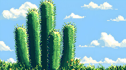 Pixel art of four tall, spiky cacti against a bright blue sky with puffy white clouds.  The cacti are vibrant green, and short, light-yellow plants surround them