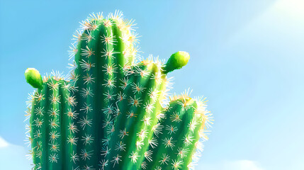 Close-up of a vibrant cactus against a clear blue sky.  Spiky, green, succulent plant with light-colored areoles and small buds. Sunny day