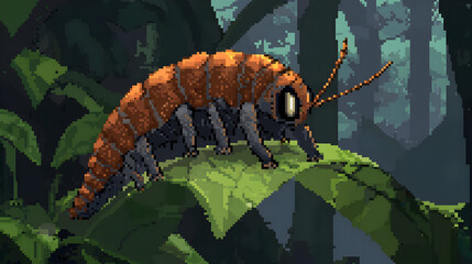 Pixel art creature, orange-brown segmented body, large eyes, on a jungle leaf, forest background