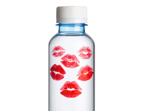 A clear plastic bottle with a white cap featuring six red lipstick kiss marks on its surface.