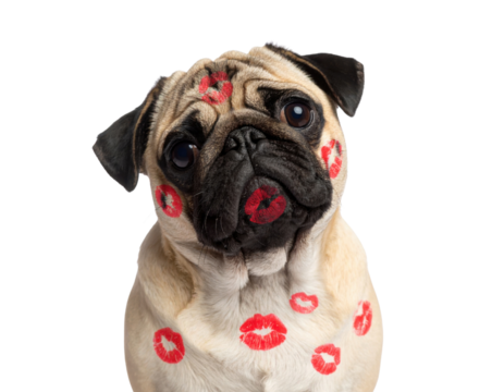 A pug dog with a tilted head covered in multiple red lipstick kiss marks on its face and body.