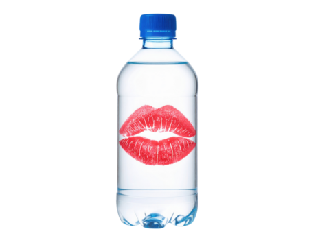 A clear plastic water bottle with a blue cap features a red lipstick kiss mark on its front surface.
