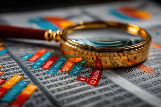 Analyzing and gathering statistical data. Growth charts. Many business reports and magnifying glass. High quality