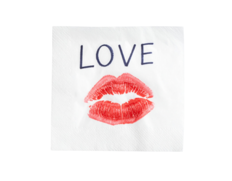 A white napkin with the word "LOVE" written above a red lipstick kiss imprint. - Powered by Adobe