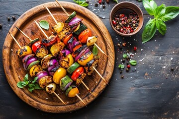 Grilled vegetable kebab skewers with colorful peppers and zucchini on wooden platter.
