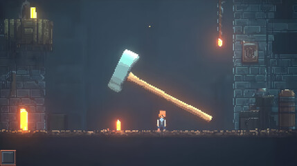 Pixelated axe, dungeon, small character, dimly lit, medieval-style,  glowing candles, stone walls,  wooden structures