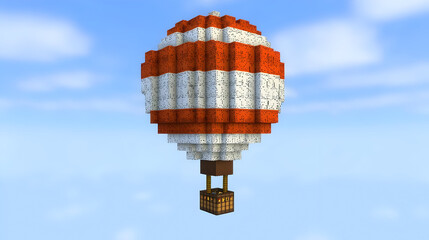 Pixelated hot air balloon, red and white stripes, against a light blue sky.  It has a basket at the bottom