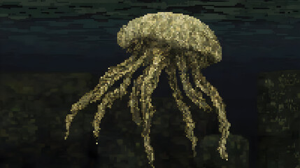 Pixelated jellyfish, pale beige, floating in dark underwater scene.  Detailed textures of the bell and tentacles.  Dark, muted tones