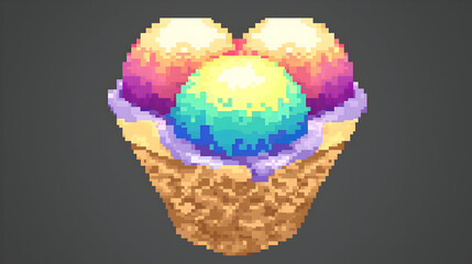 Pixel art of a heart-shaped waffle cone filled with three scoops of colorful ice cream.  The ice cream has vibrant rainbow colors, and the waffle cone is a light brown