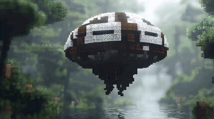 Floating, stylized craft, pixelated design, hovers above a misty forest stream, surrounded by lush greenery