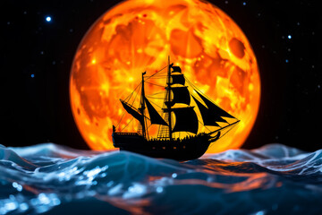 Dark vessel gliding under starry expanse - the moon's glow painting its sails