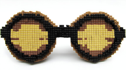 Pixelated round sunglasses crafted from small building blocks.  The lenses are a mix of yellow and brown, giving a mosaic effect.  Dark brown/black frames complete the design