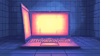 Open laptop glows brightly in pixel art style,  neon hues on tiled floor