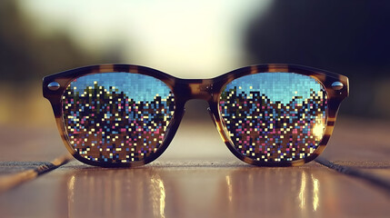 Sunglasses reflecting a pixelated landscape.  The lenses show a stylized, digital view of trees and people, creating a vibrant, abstract image