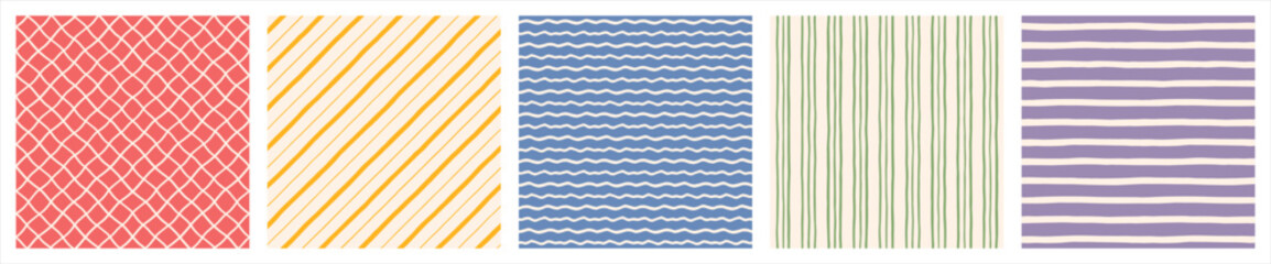 Naklejka na ściany i meble Hand drawn geometric seamless regular patterns set, collection. Doodle, uneven artistic lines, straight and diagonal pinstripes, stripes, bars, streaks, waves. Check, plaid, striped square backgrounds