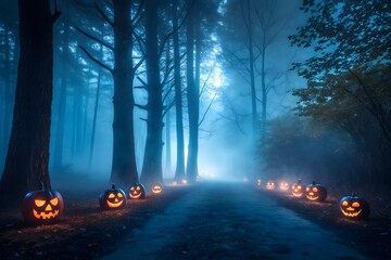 Foggy Forest Path with Glowing Halloween Pumpkins