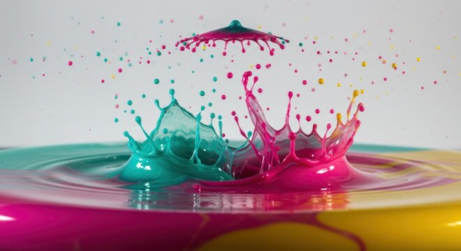 Colorful Water Splashes: Pink, Teal, and Yellow Liquid.