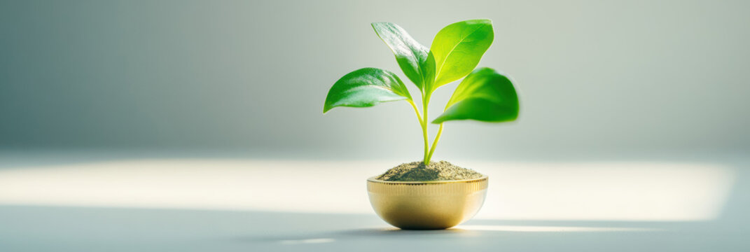 A young plant thrives in a golden pot against a minimalistic light background. The striking simplicity highlights the elegance of modern home decor with a touch of nature's greenery.