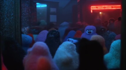 AI-generated Anamorphic 4K cinematic scene featuring crowded figures in indoor venue with blue and red neon lighting. Moody nightclub atmosphere creates dramatic entertainment environment - Powered by Adobe