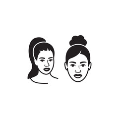 Two Diverse Women's Portraits in Simple Line Art Style.Stylish black and white line art illustration of two women's faces.