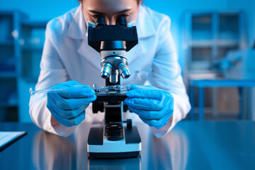 A young woman in a lab coat conducts precise experiments, peering through a microscope while transferring liquid reagents in a well-equipped laboratory.