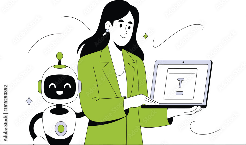 Poster modern businesswoman collaborates with ai robot assistant on laptop, embracing technology and innova
