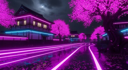 Fototapeta premium Vibrant Neon Night in an Asian Town with Cherry Blossoms and Luminous Trails, Reflecting a Modern Aesthetic with Traditional Architecture