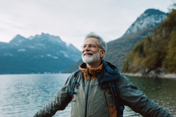 Happy older man standing in nature park enjoying natural park landscape. Smiling mature active traveler exploring camping tourism nature lake and mountains travel journey feeling freedom.