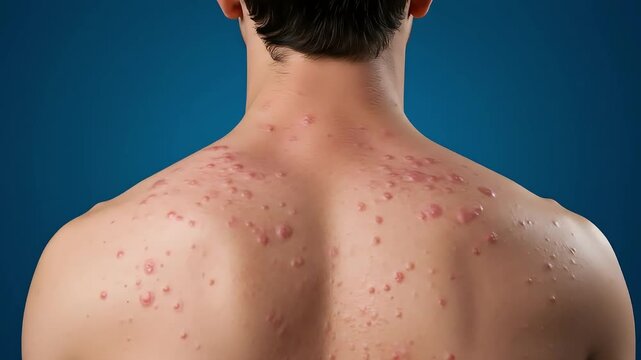Close up detailed view of severe back acne and inflamed pimples on male skin, dermatology skin condition showing pustules, papules, and inflammation for medical and healthcare