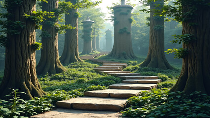 Winding stone path through vertical forest towers