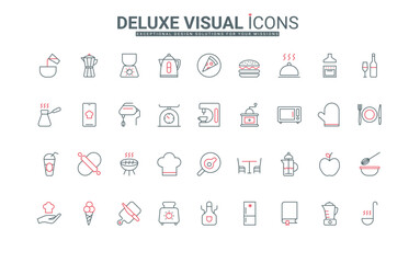 Kitchen thin black and red line icons set vector illustration. Outline symbols of electrical appliances and chefs tools to fry, mix and cook, prepare food and drink, kitchenware and recipe book