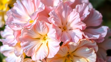 Fototapeta premium Close-up of delicate pink blooming flowers-A cluster of soft pink flowers in full bloom, with ruffled petals and subtle yellow centers, captured in natural sunlight.
