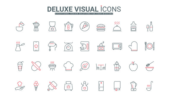 Kitchen thin black and red line icons set vector illustration. Outline symbols of electrical appliances and chefs tools to fry, mix and cook, prepare food and drink, kitchenware and recipe book