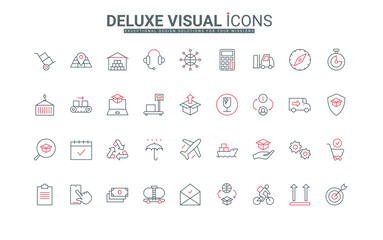 Logistics service, delivery and distribution process thin black and red line icons set vector illustration. Outline box storage of orders in warehouse, cargo truck, airplane and ship, customer support