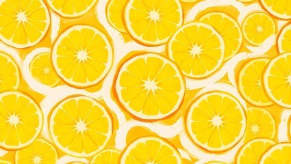 Pattern of fresh lemon slices background-A vibrant top-down view of numerous lemon slices arranged in a seamless pattern, creating a bright and refreshing citrus background.